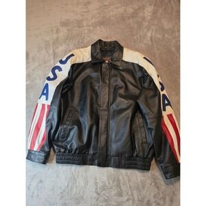 Interstate Leather Bomber Jacket Mens XXL Black US Navy USA Flag Patch Biker